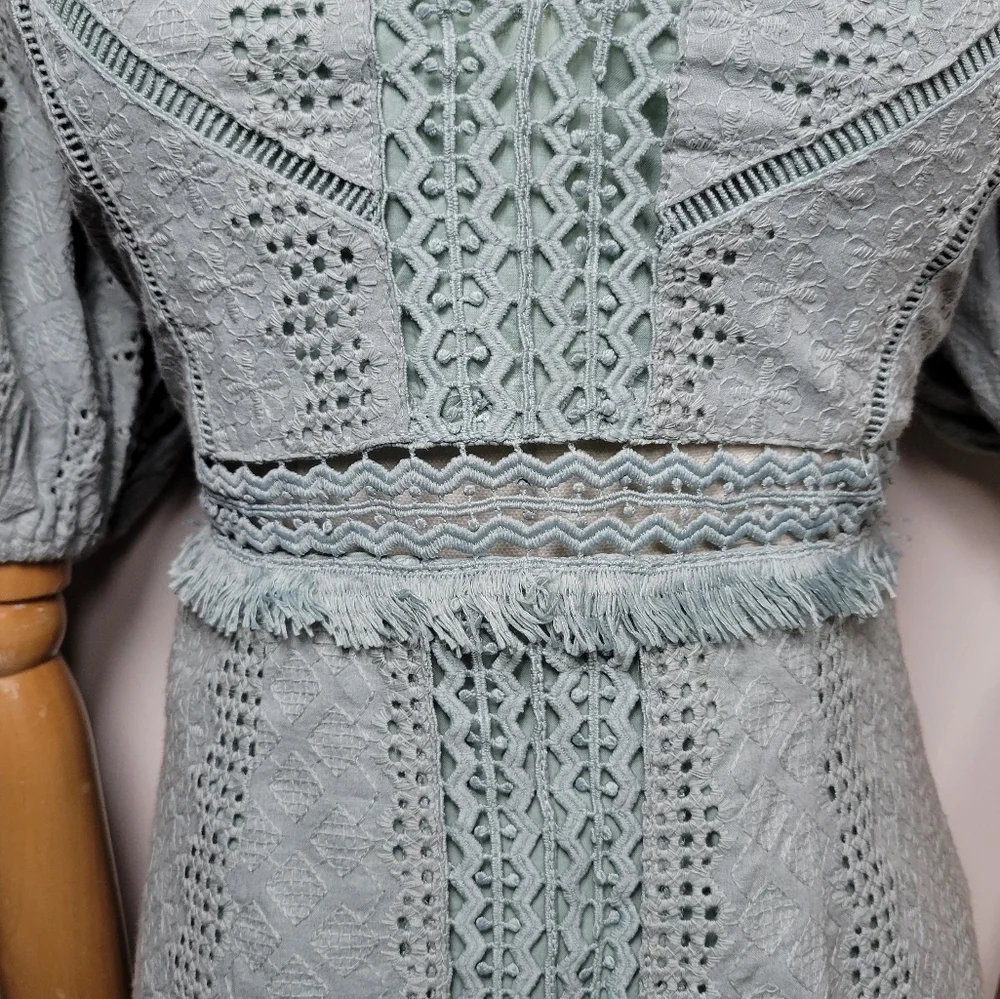 Esther & Co. Saints & Secrets Saige Green Puff Sleeve Eyelet Cotton Dress Size S - Picture 4 of 12